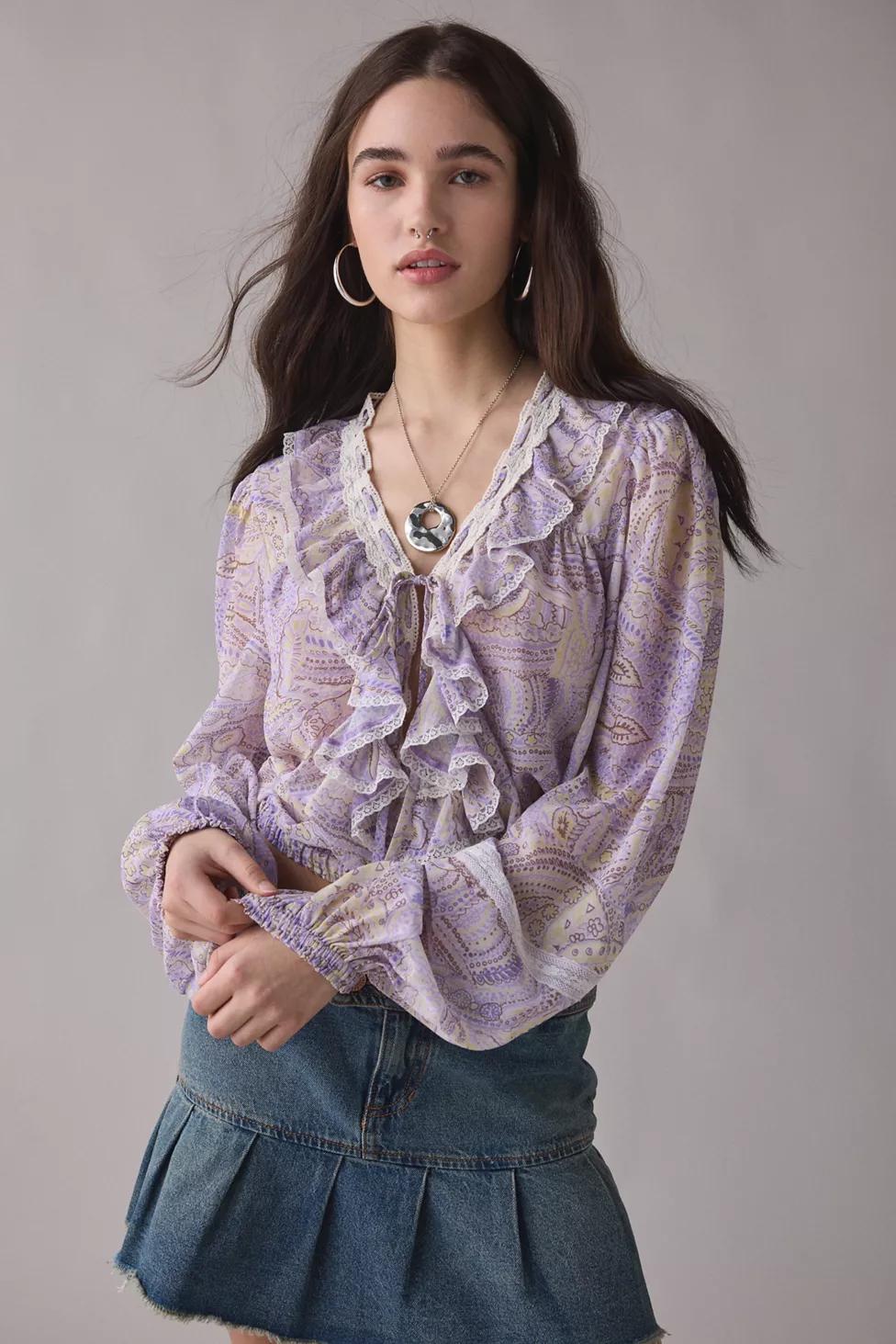 Kimchi Blue Cecelia Sheer Lace Trim Ruffle Long Sleeve Blouse by KIMCHI BLUE