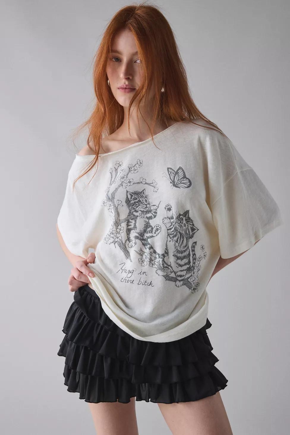 Kimchi Blue Courtney Cat Graphic Off-The-Shoulder Oversized Tee by KIMCHI BLUE