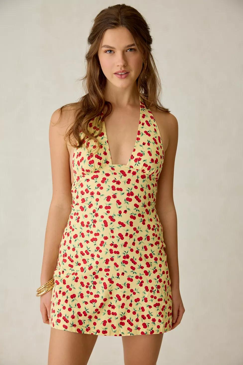 Kimchi Blue Flowerbeds Cherry Land Plunging Halter Mini Dress by KIMCHI BLUE