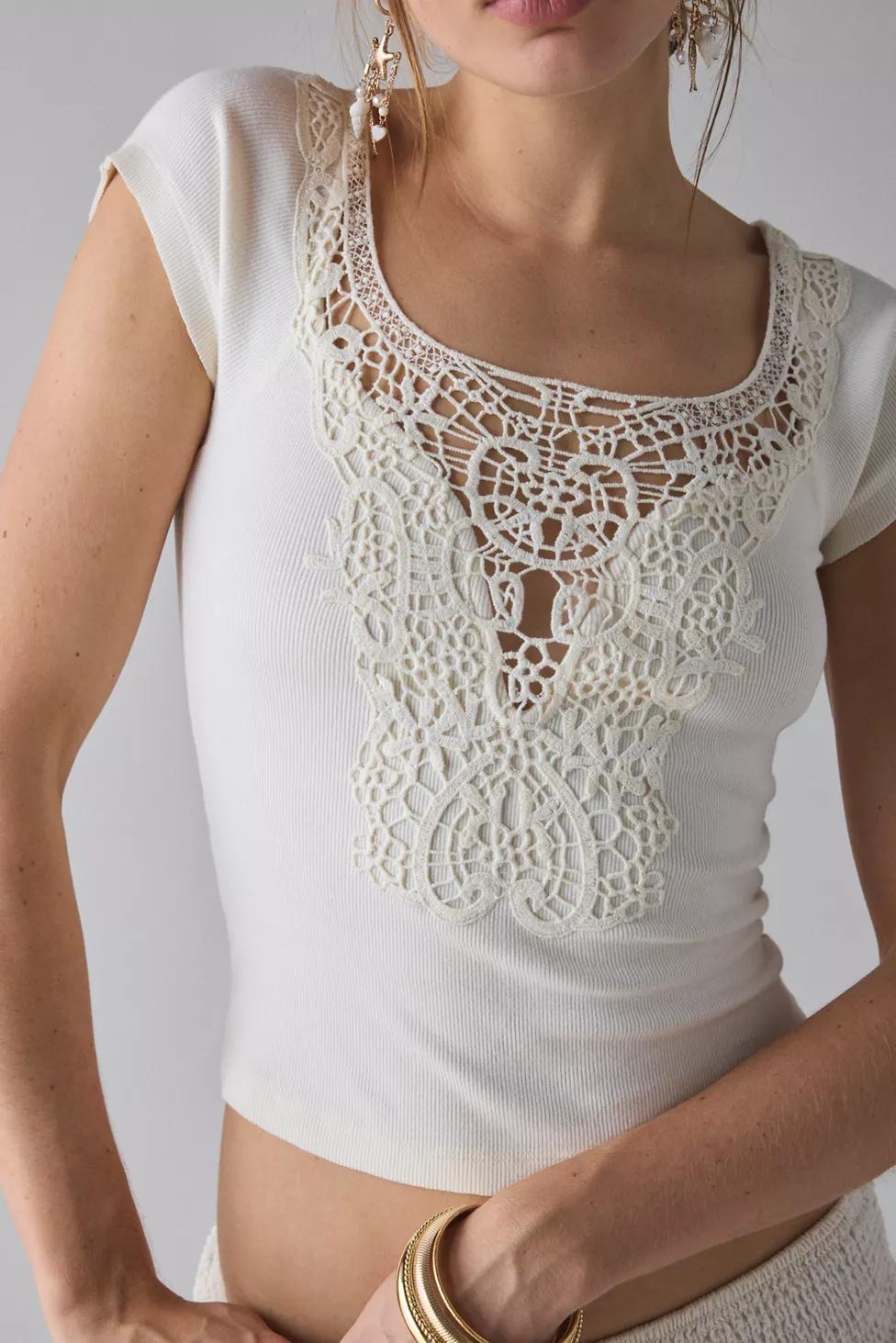 Kimchi Blue Leandra Lace-Trim Cotton Baby Tee by KIMCHI BLUE Kimchi Blue Leandra Lace-Trim Cotton Baby Tee by KIMCHI BLUE