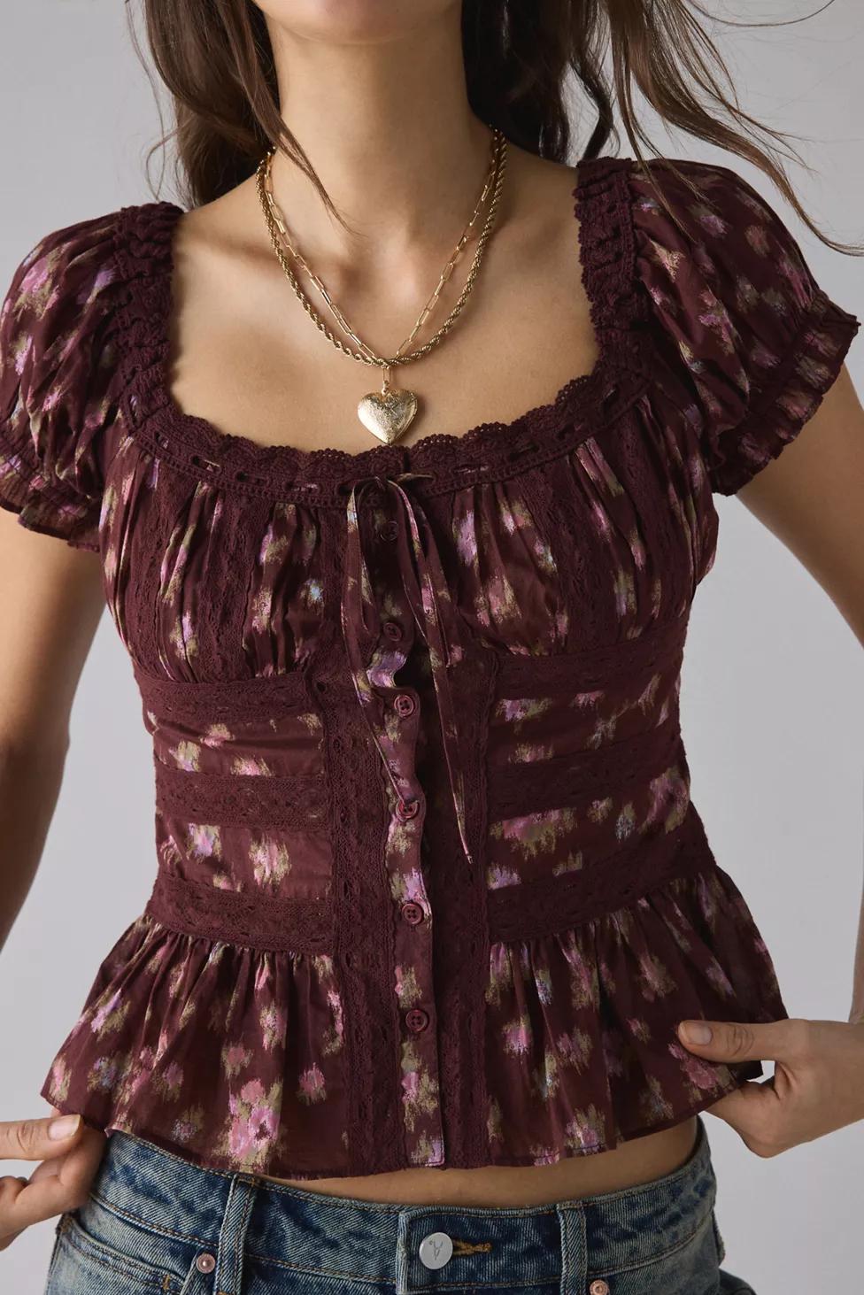 Kimchi Blue Nora Lace Trim Puff Sleeve Button-Up Blouse by KIMCHI BLUE