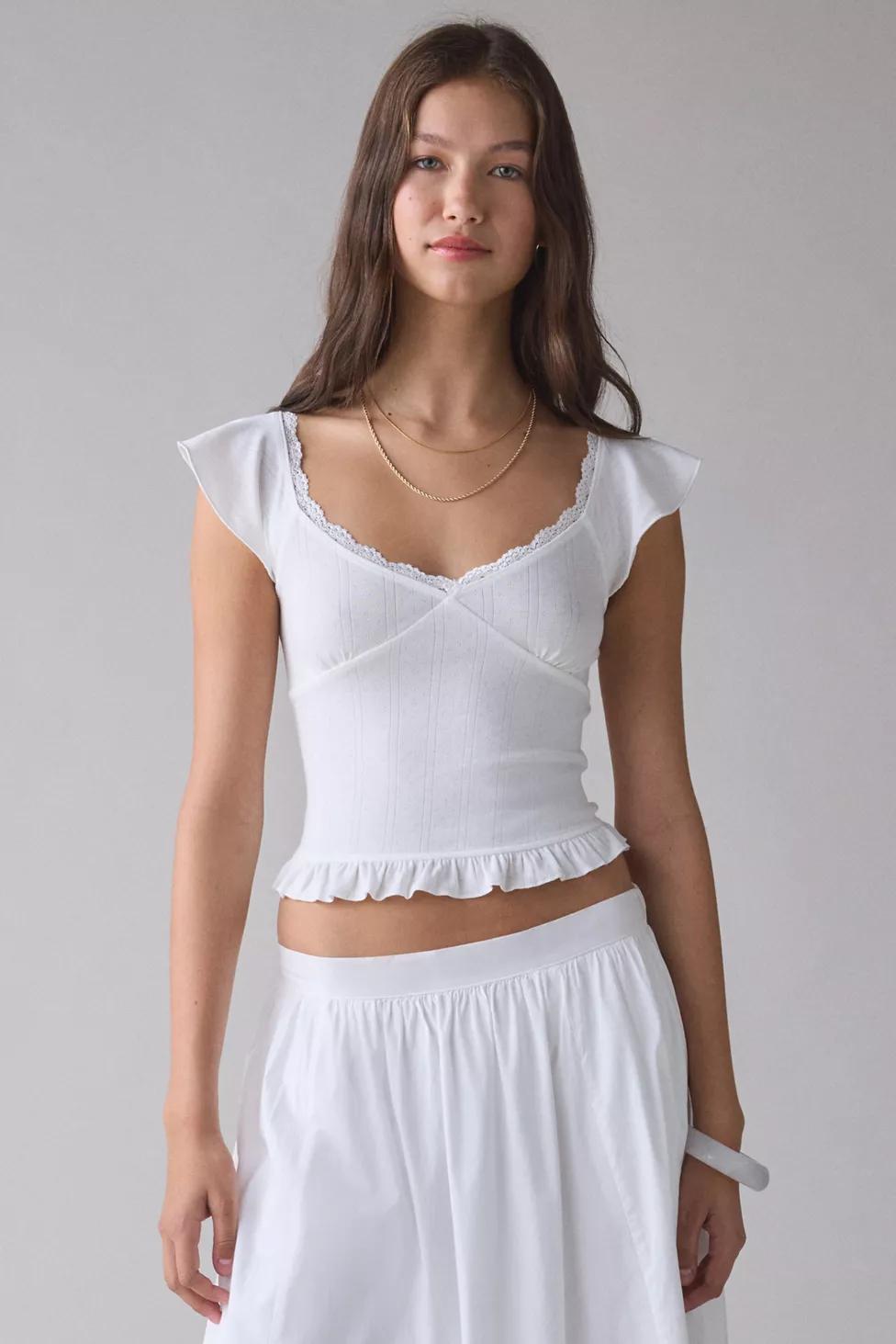 Kimchi Blue Posie Pointelle Knit Lace-Trim Ruffle Top by KIMCHI BLUE