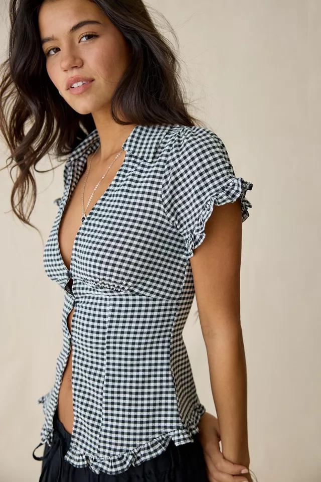 Kimchi Blue Rebecca Ruffle Split-Front Slim Short Sleeve Button-Up Shirt by KIMCHI BLUE