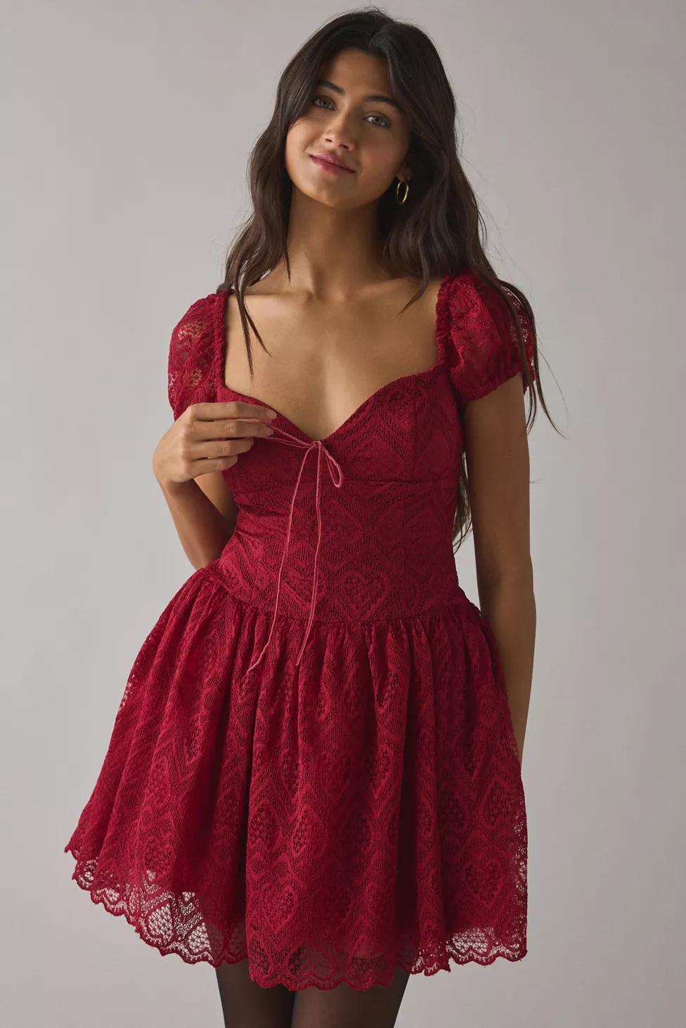 Kimchi Blue Sweetest Thing Lace Puff Sleeve Corset Mini Dress by KIMCHI BLUE