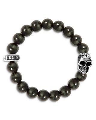 Blue Tiger Eye Bead Bracelet with Day of the Dead Skull by KING BABY STUDIO