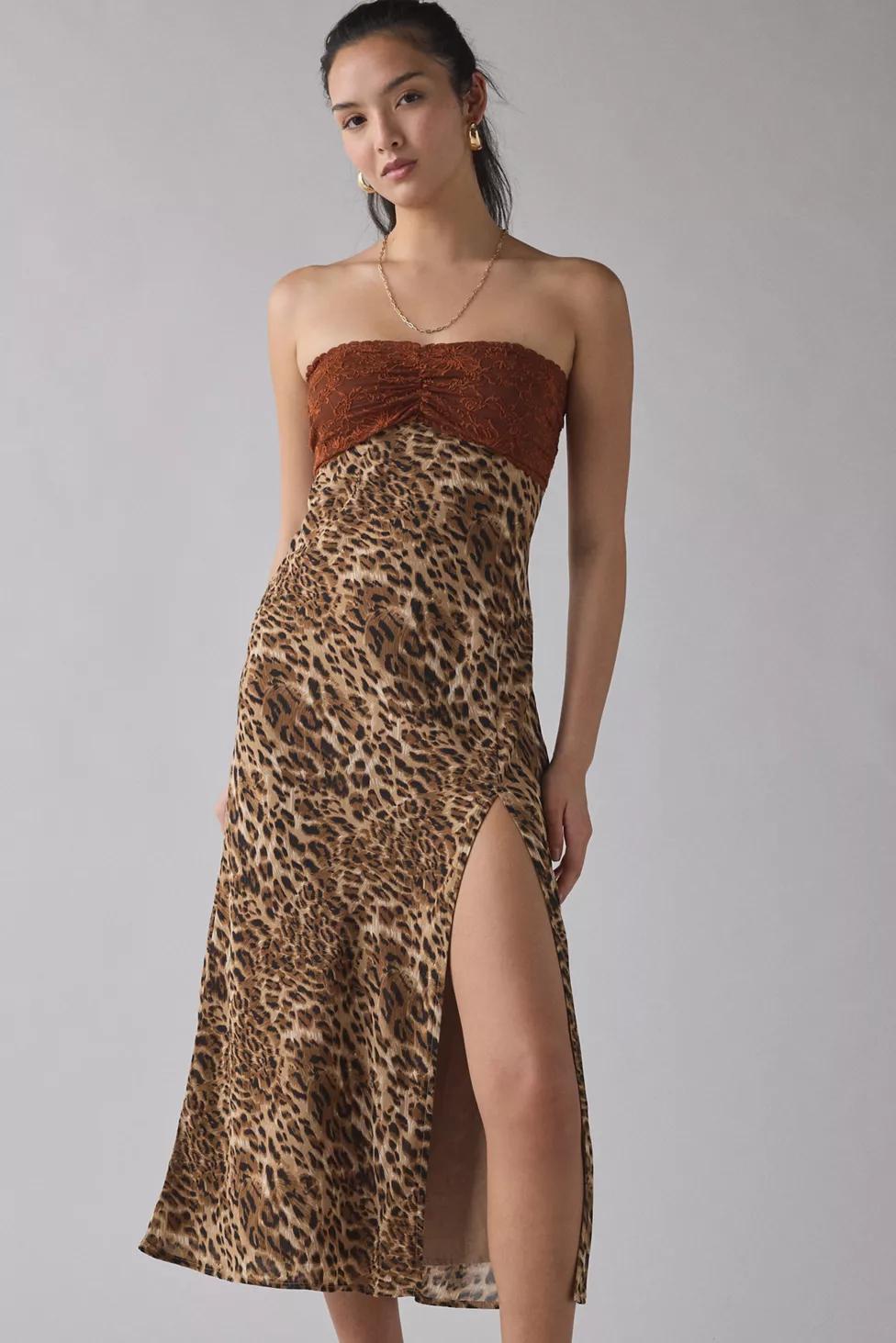 Kiss The Sky Delmar Leopard & Lace Strapless Slit Midi Dress by KISS THE SKY