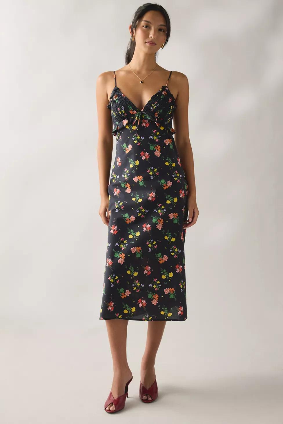 Kiss The Sky Fleurs Ruffle Trim Shirred Midi Dress by KISS THE SKY