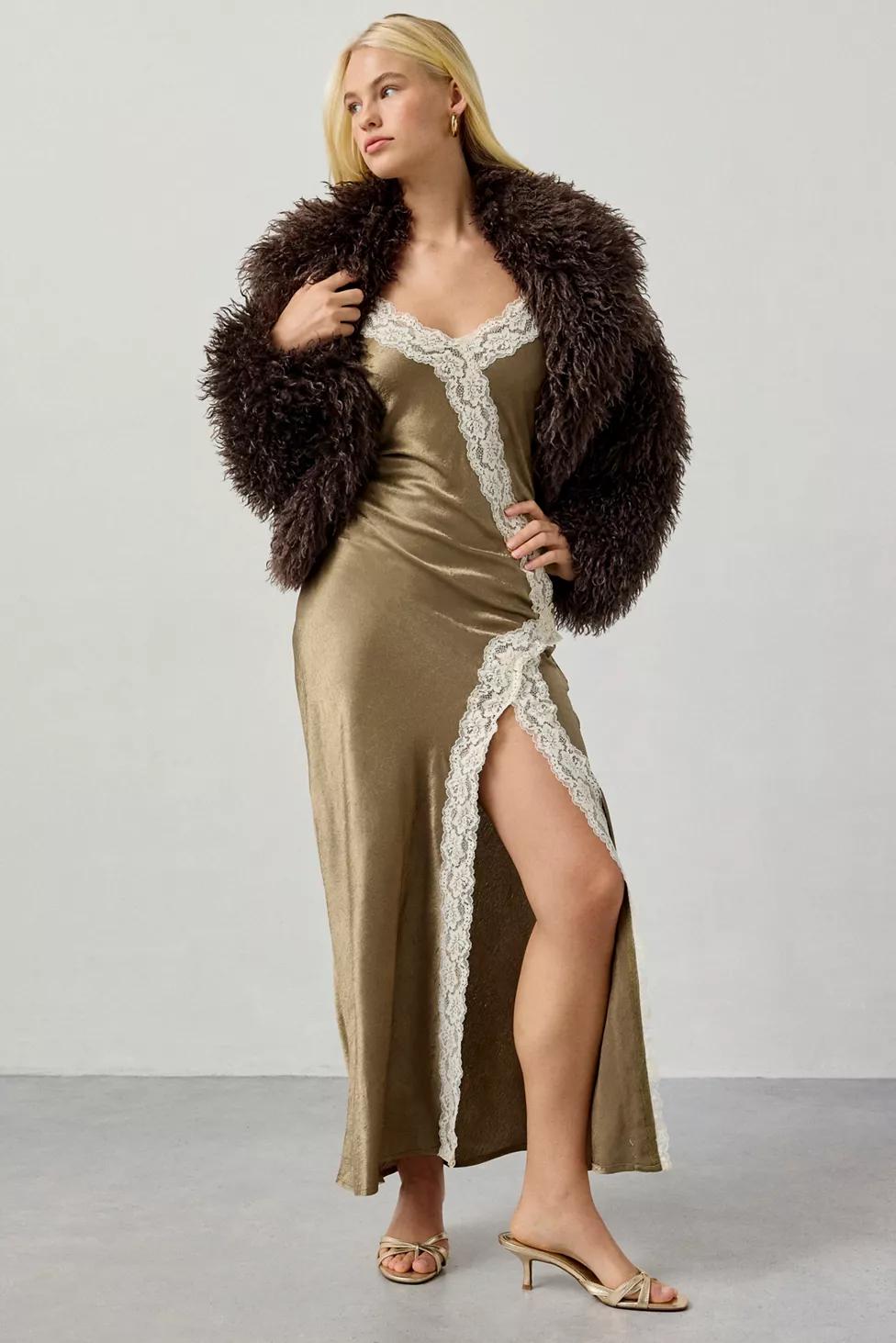 Kiss The Sky Lucia Lace Trim Crinkle Satin Slip Maxi Dress by KISS THE SKY