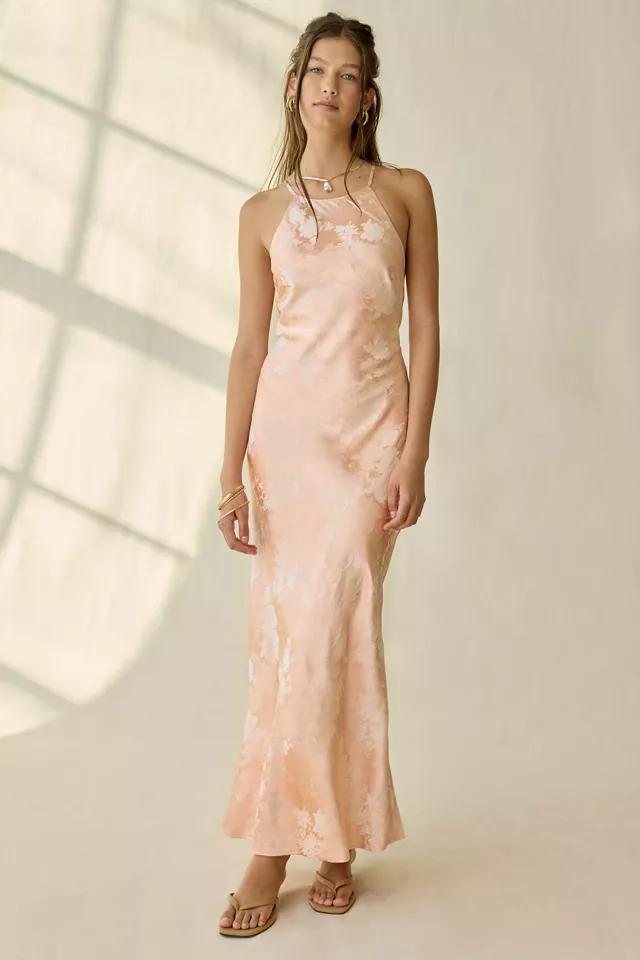 Kiss The Sky Yasmin Satin Jacquard Open-Back Halter Maxi Dress by KISS THE SKY