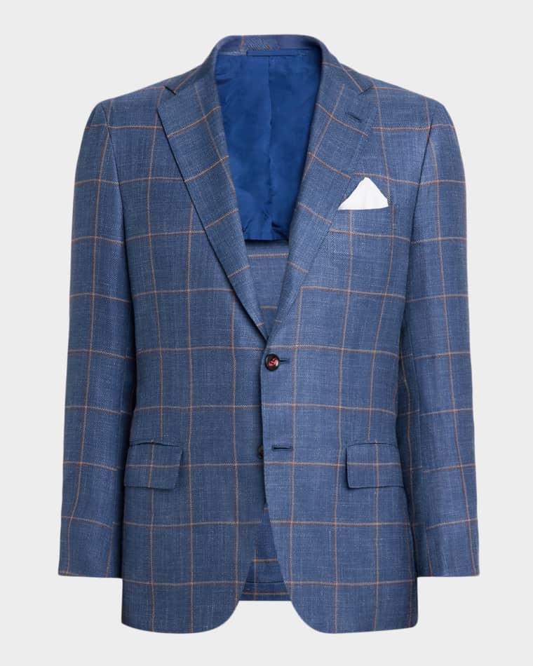 Men's Cashmere, Silk, and Linen Windowpane Sport Coat by KITON
