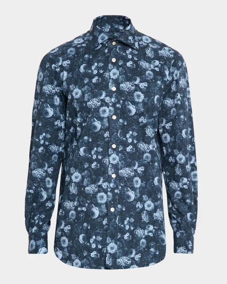 Men's Cotton Tonal Floral Sport Shirt by KITON