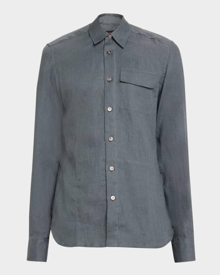 Men's Linen Flap-Pocket Casual Button-Down Shirt by KITON