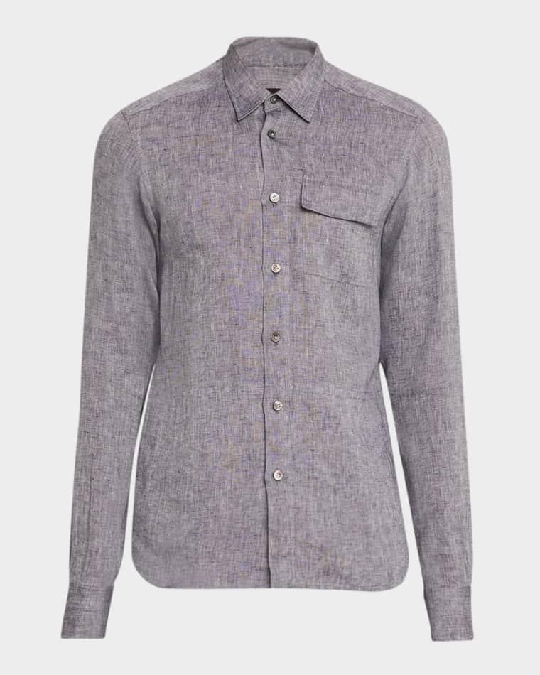 Men's Linen Flap-Pocket Casual Button-Down Shirt by KITON