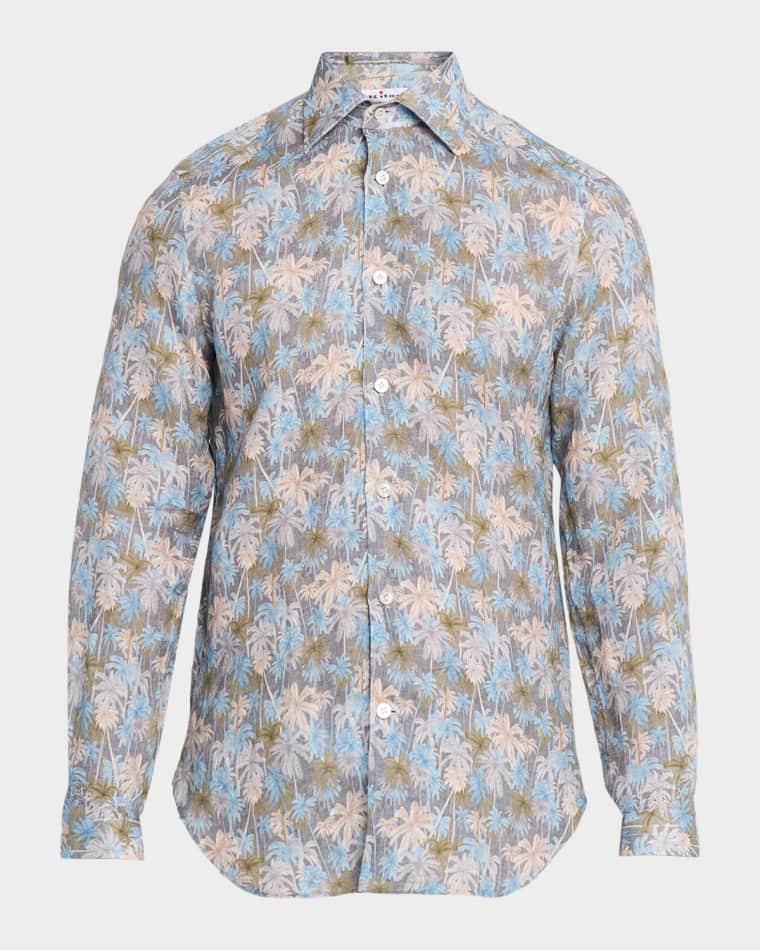 Men's Palm-Print Linen Button-Down Shirt with Mother-Of-Pearl by KITON