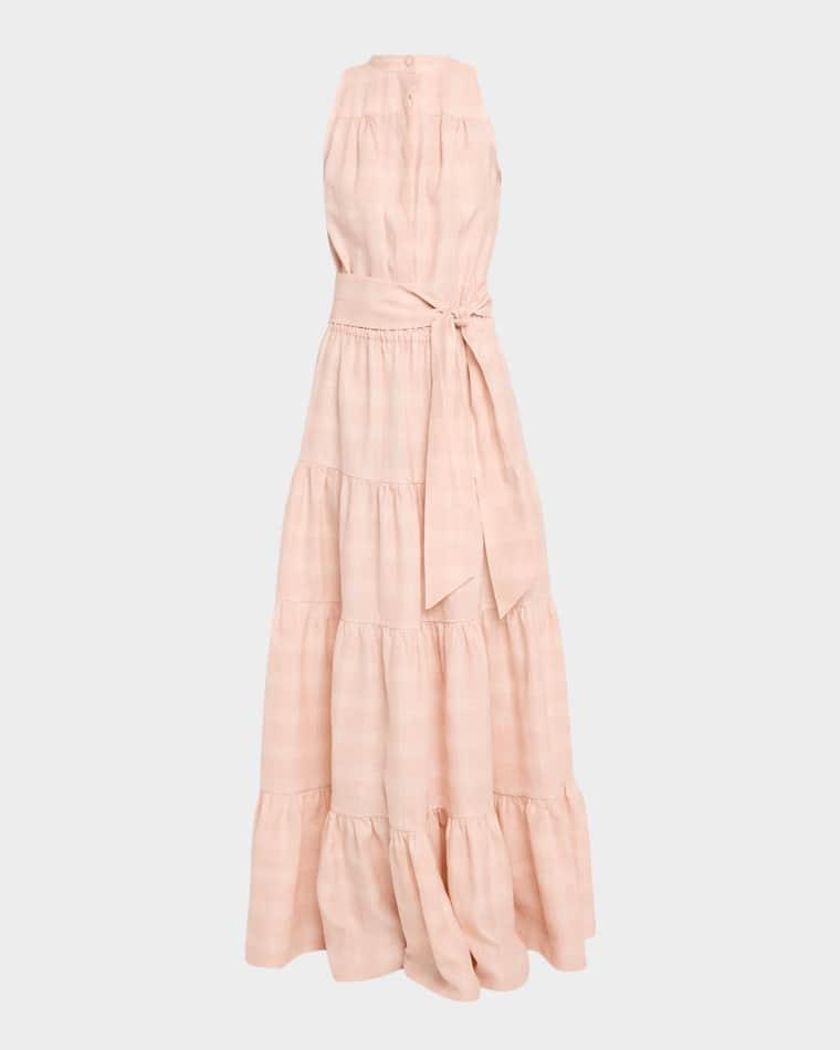 Tiered Check Linen Belted Sleeveless Maxi Dress by KITON