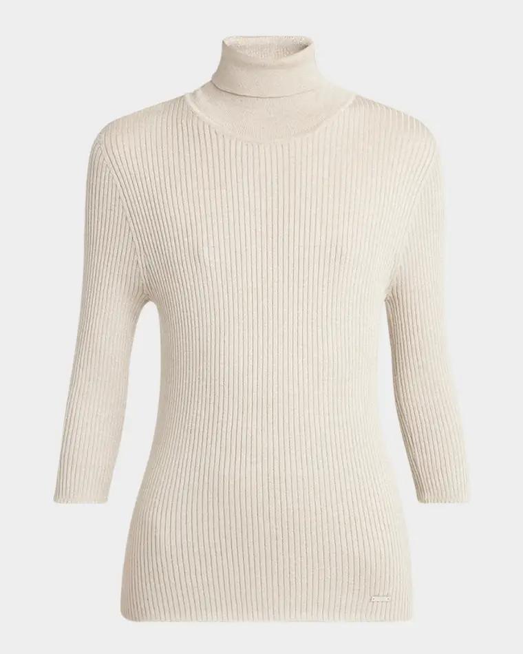 Turtleneck Metallic Rib 3/4-Sleeve Sweater by KITON