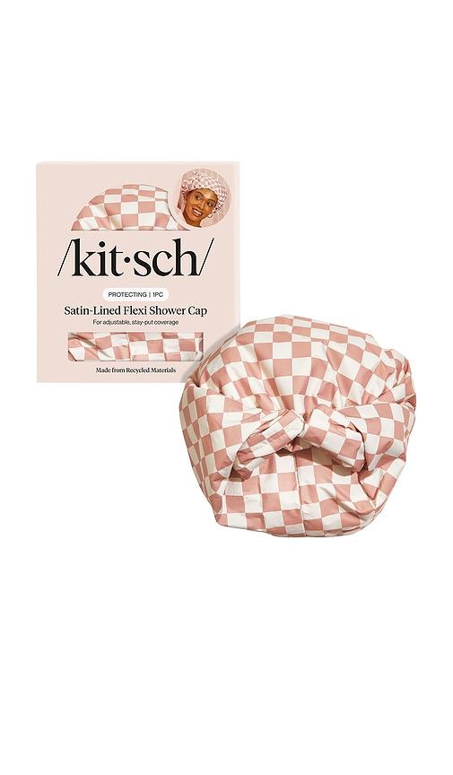 Kitsch Satin-Lined Flexi Shower Cap in Terracotta Checker by KITSCH