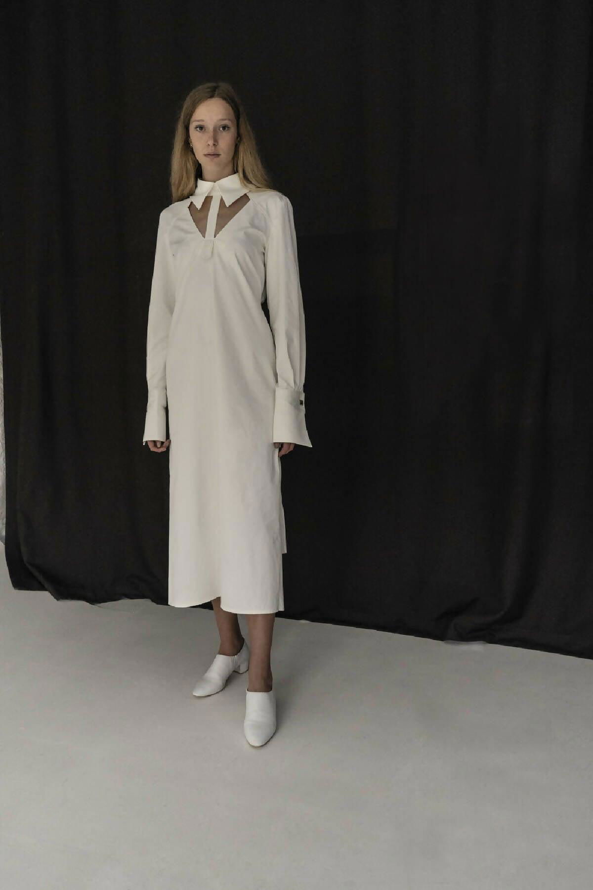 WHITE OPEN BACK BIG CUFF DRESS by KM BY LANGE