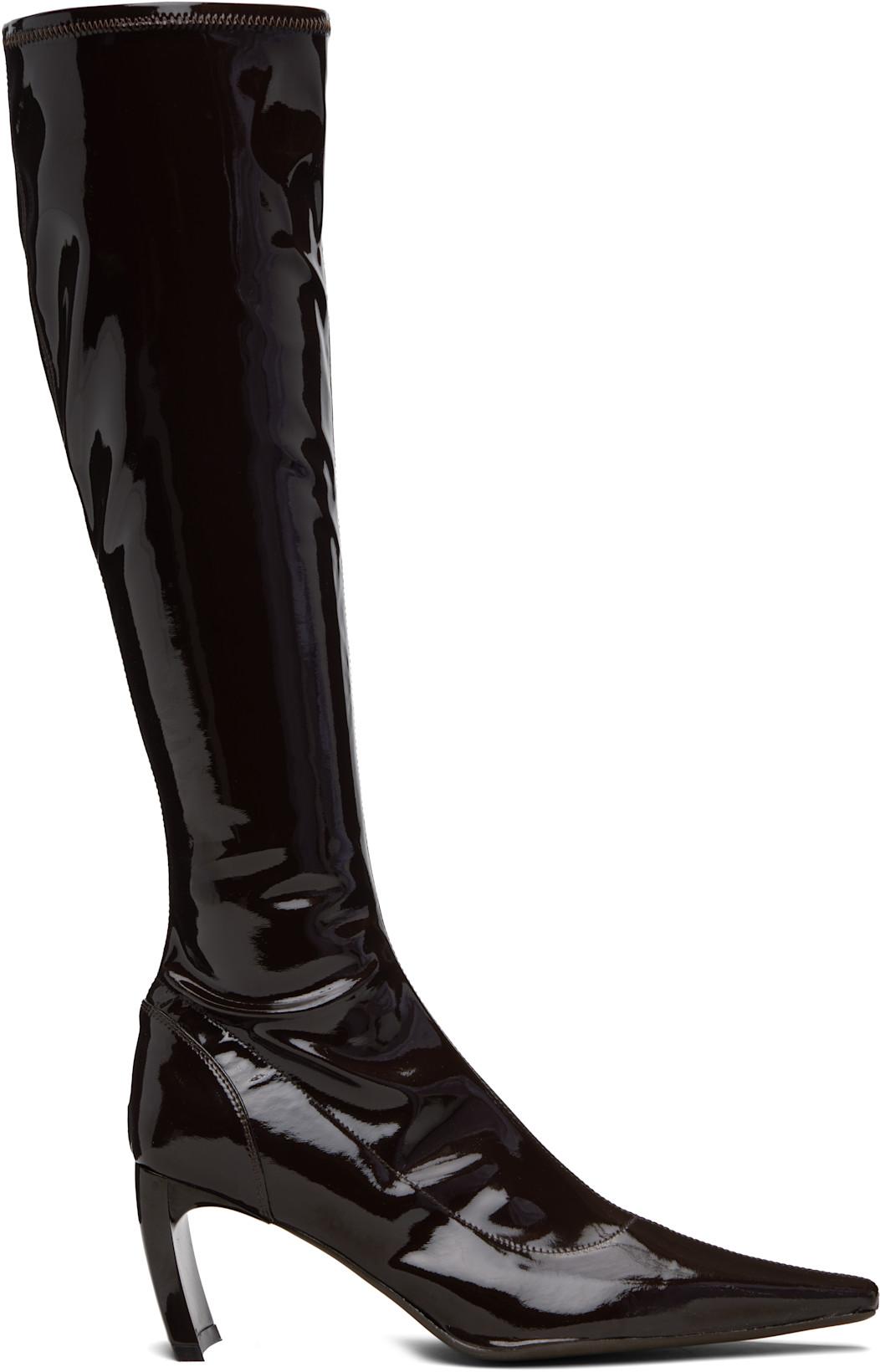 Brown Serpent Stretch Pointed Slim Tall Boots by KNWLS