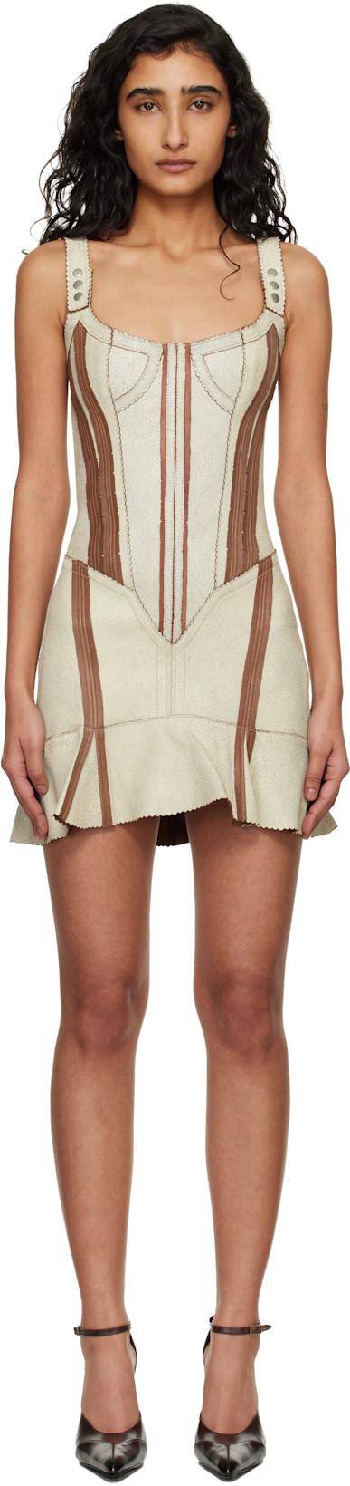 Taupe & Brown Scallop Leather Minidress by KNWLS