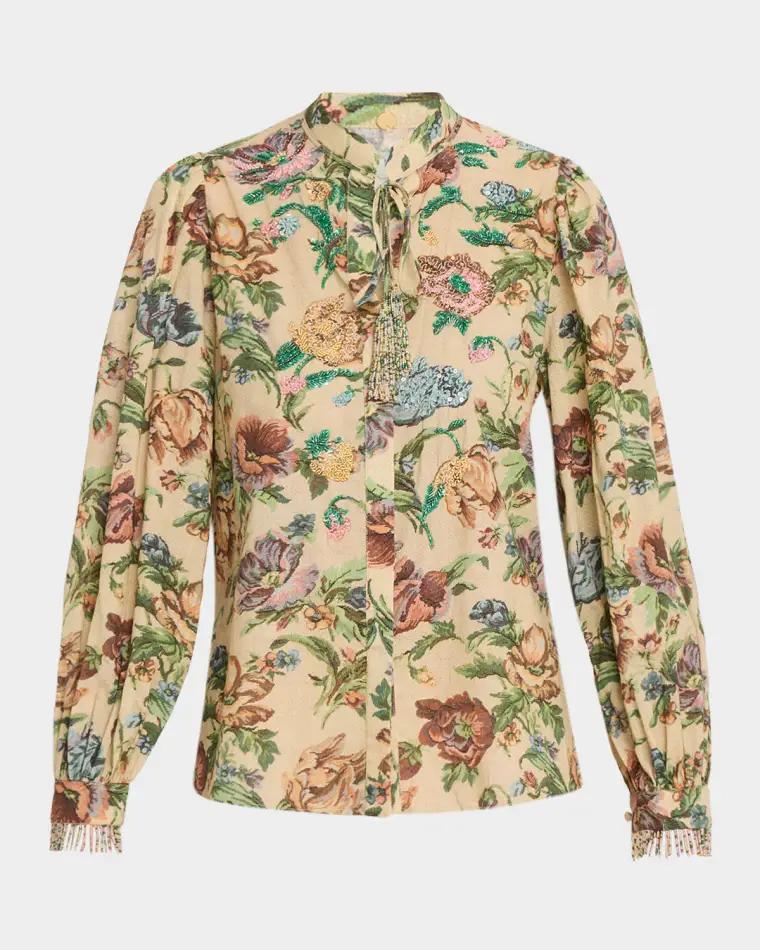 Asher Beaded Floral-Print Cotton Blouse by KOBI HALPERIN