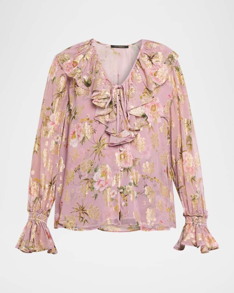 Leia Metallic Floral-Print Ruffle Blouse by KOBI HALPERIN