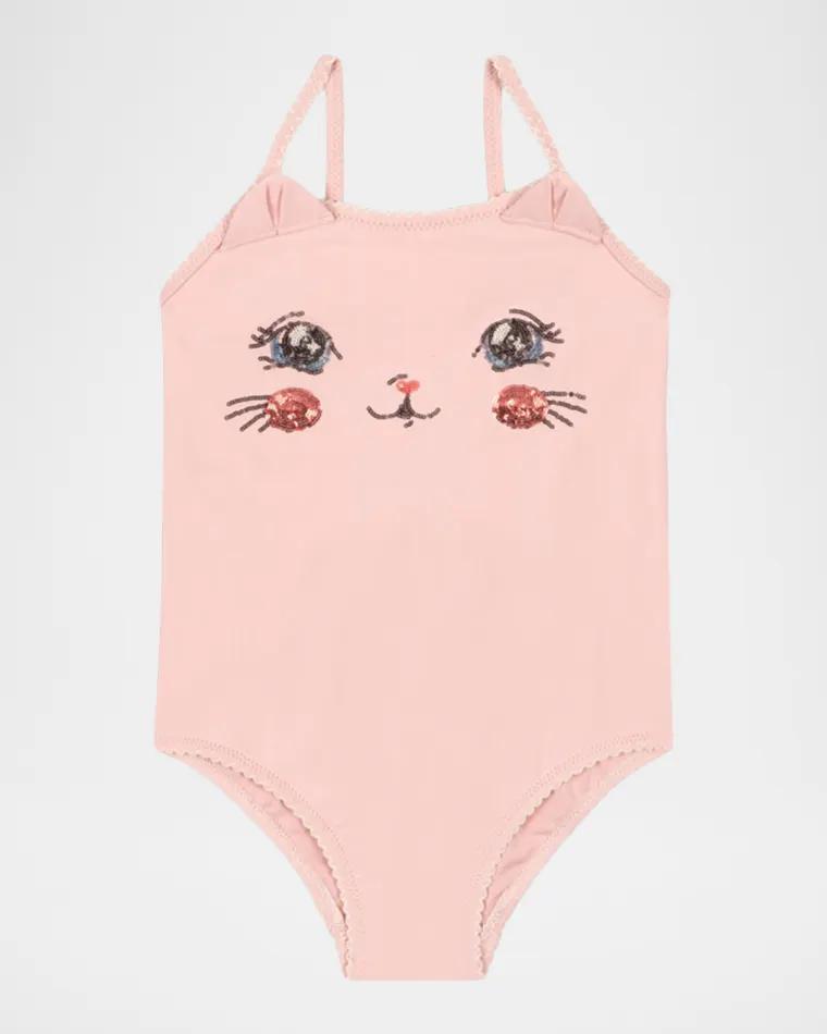 Girl's Kitty Sequined One-PIece Swimsuit, Size 9M-8 by KONGES SLOJD