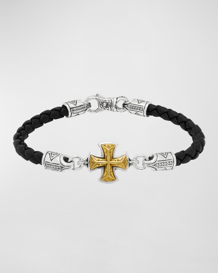 Men's Perseus Leather Bracelet with Silver/Bronze Cross, Size M by KONSTANTINO