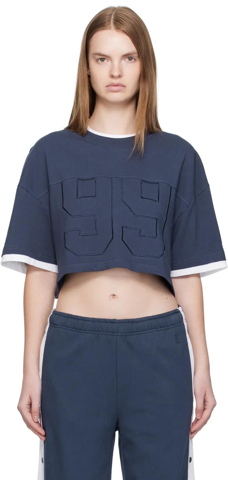 Navy '99' Boyfriend Cropped T-shirt by KSUBI