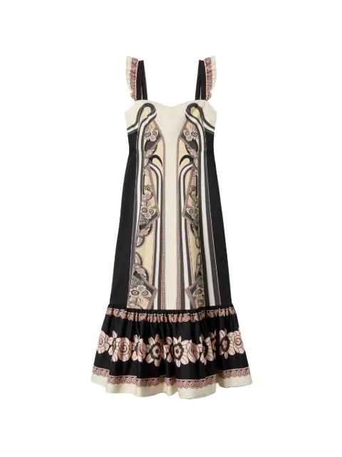 Gingerbread ruffled floral midi dress by LA DOUBLEJ