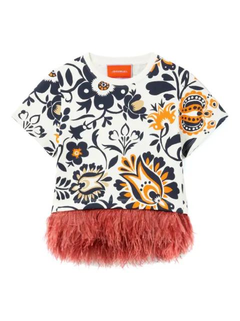 La Scala feather-trimmed floral-print T-shirt by LA DOUBLEJ