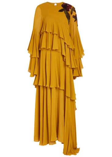 Naiad ruffled embellished silk-georgette maxi dress by LA DOUBLEJ
