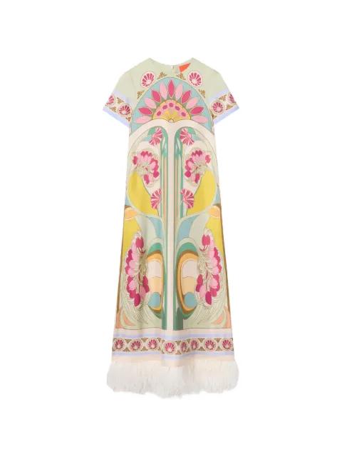 Tulip Placée Green in silk twill with feathers Swing dress by LA DOUBLEJ