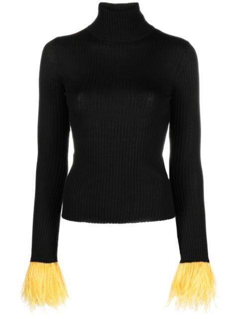 feather-cuff ribbed-knit jumper by LA DOUBLEJ