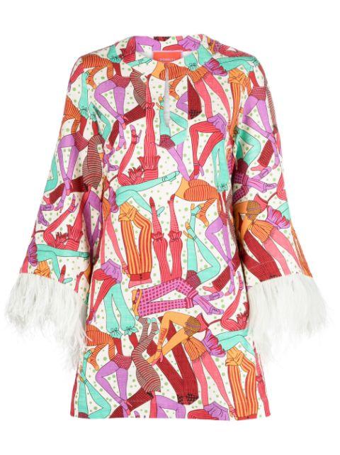 feather-trim printed cotton dress by LA DOUBLEJ