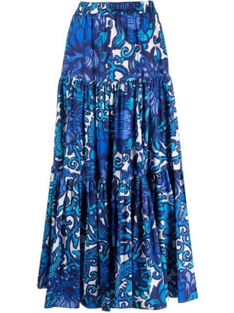 graphic-print tiered cotton skirt by LA DOUBLEJ