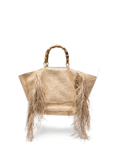 large Sharon fringe-detail bamboo-handle tote bag by LA MILANESA