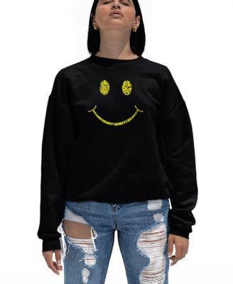 Women's Be Happy Smiley Face Word Art Crewneck Sweatshirt by LA POP ART