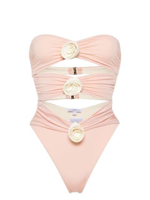 floral-appliqué strapless swimsuit by LA REVECHE