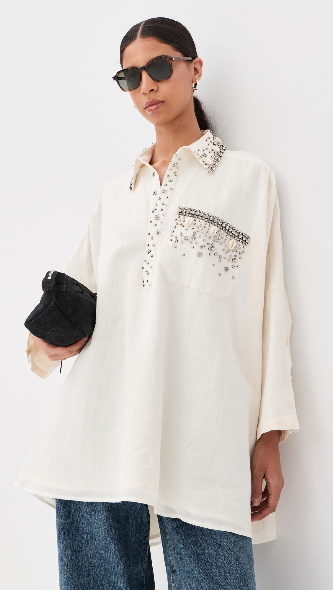 Cowrie Shell Jeweled Boyfriend Shirt by LA VIE STYLE HOUSE