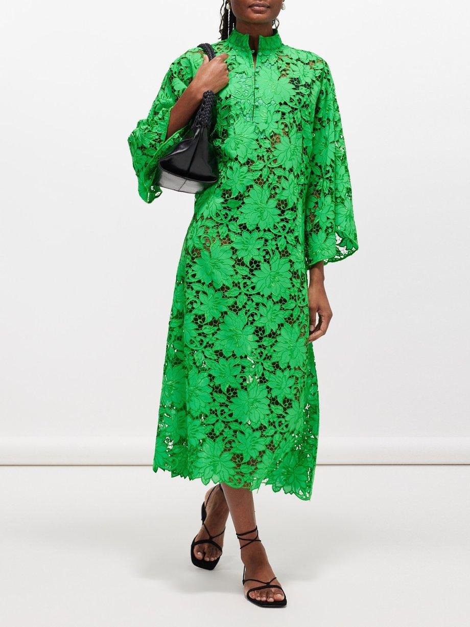 Cropped-sleeve floral-lace kaftan by LA VIE STYLE HOUSE