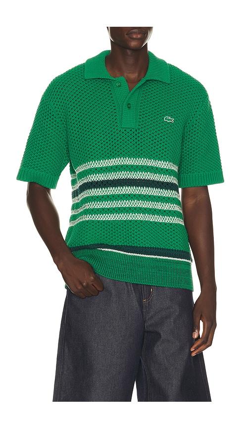 Lacoste Runway Lacy Striped Polo Collar Sweater in Green by LACOSTE