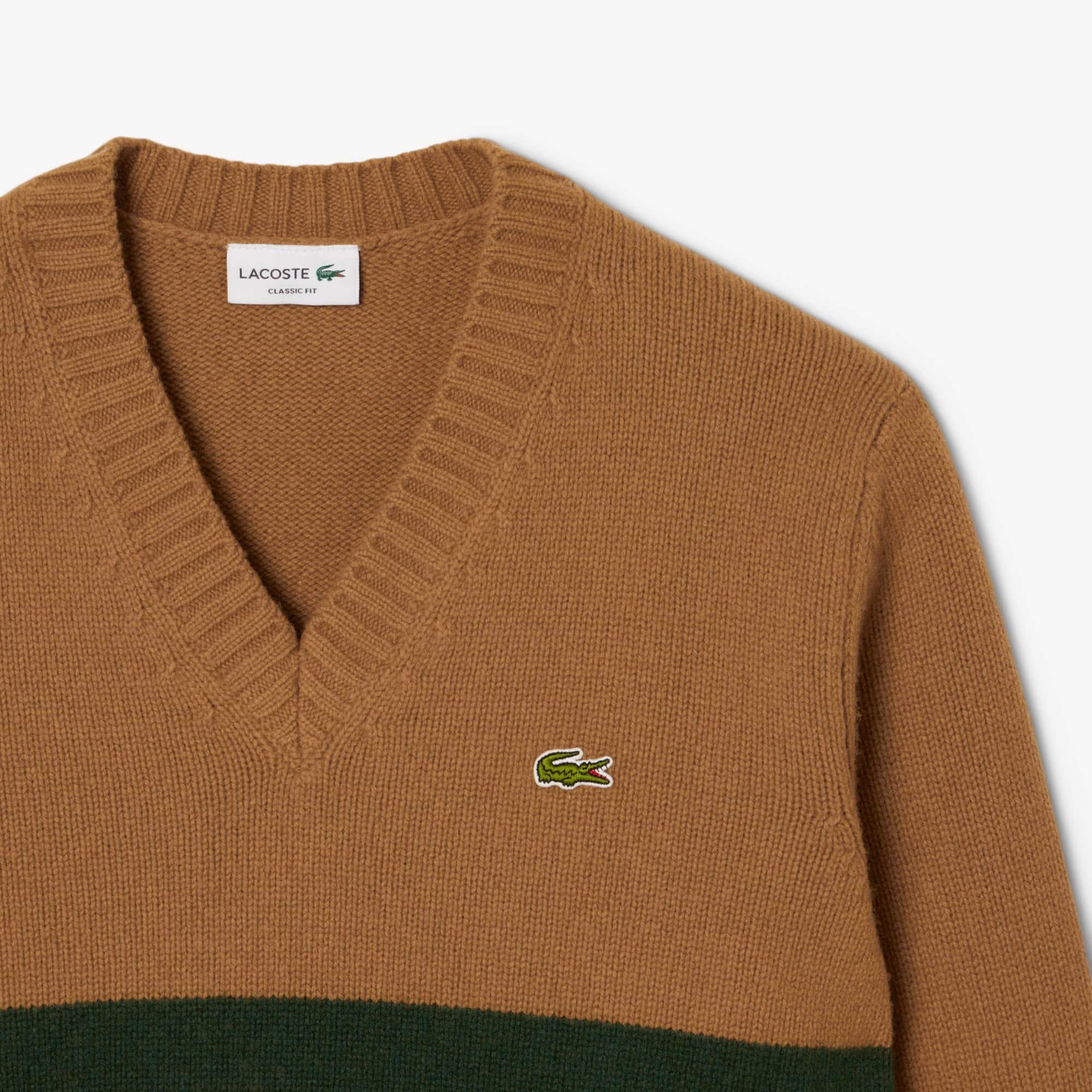 Men's Striped Wool V-Neck Sweater by LACOSTE