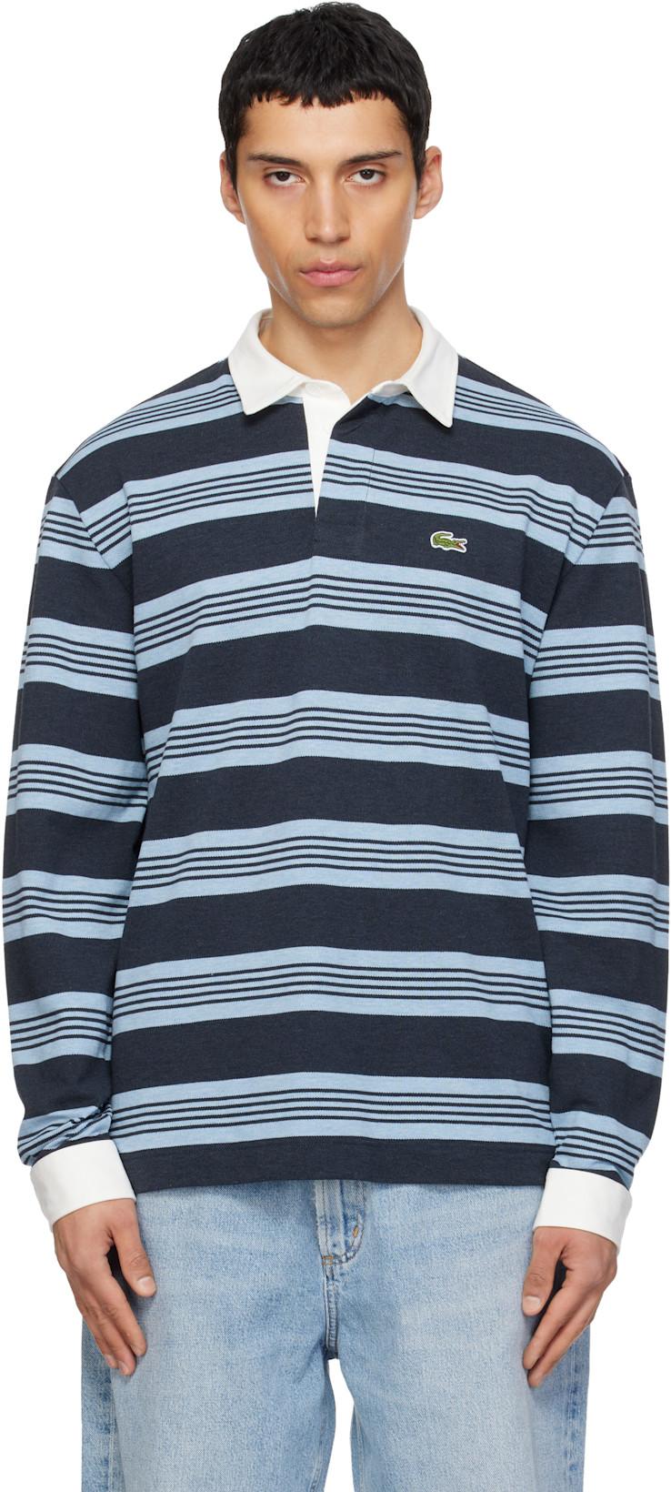 Navy & Blue Relaxed Fit Striped Piqué Rugby Polo by LACOSTE