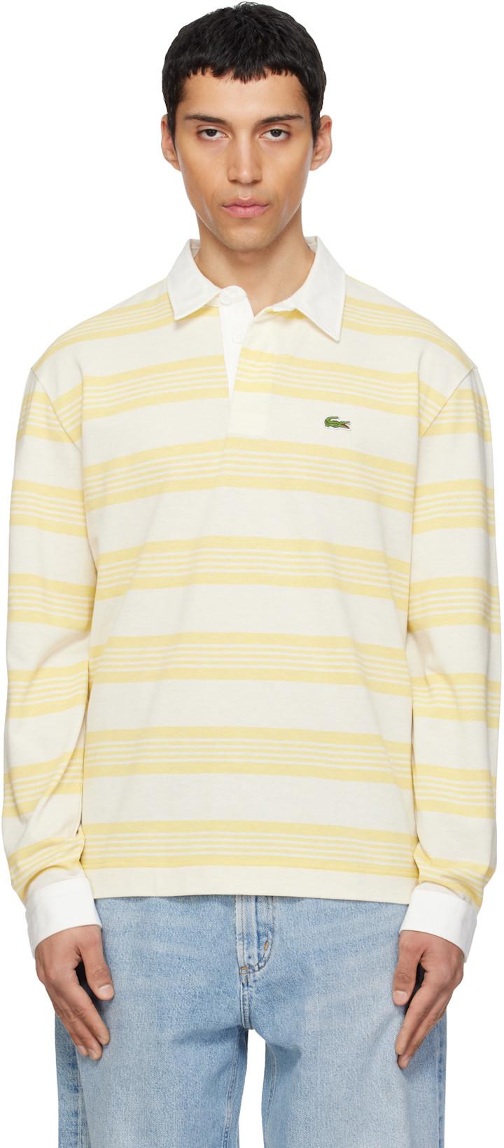 White & Yellow Relaxed Fit Striped Piqué Rugby Polo by LACOSTE