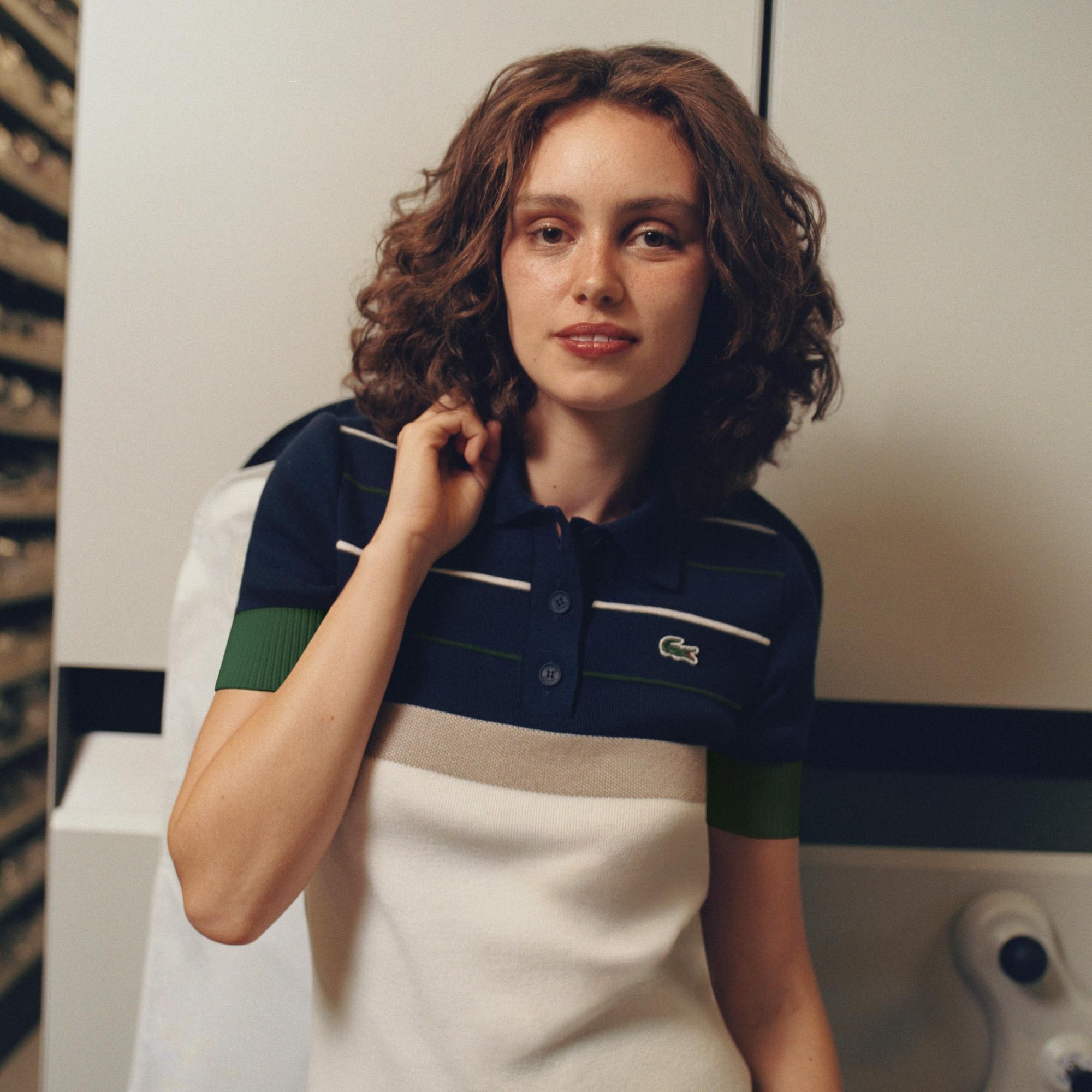 Women's Made In France Striped Polo Collar Sweater by LACOSTE