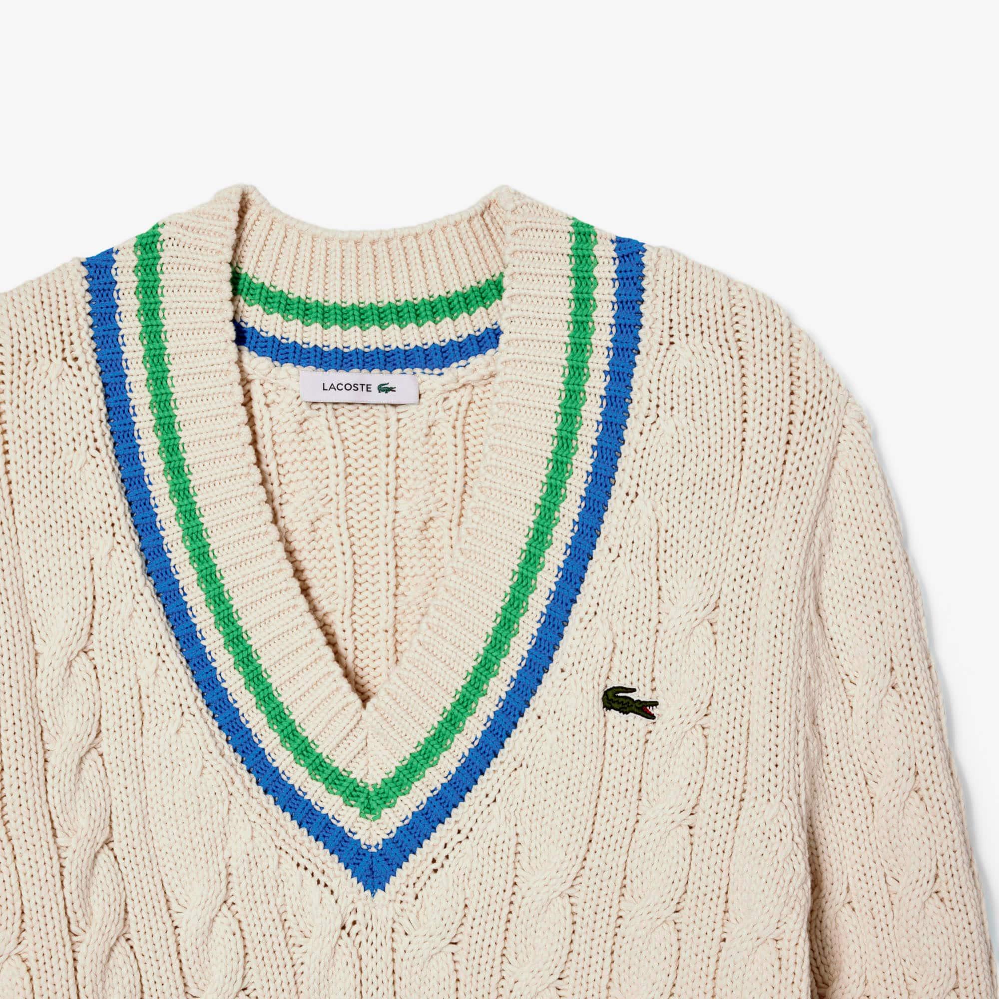 Women's V-Neck Cable Knit Cotton Tennis Sweater by LACOSTE