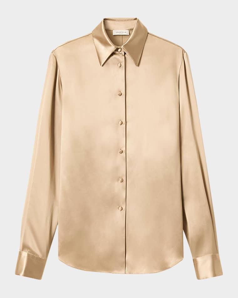 Cinched Button-Down Shiny Viscose Blouse by LAFAYETTE 148 NEW YORK