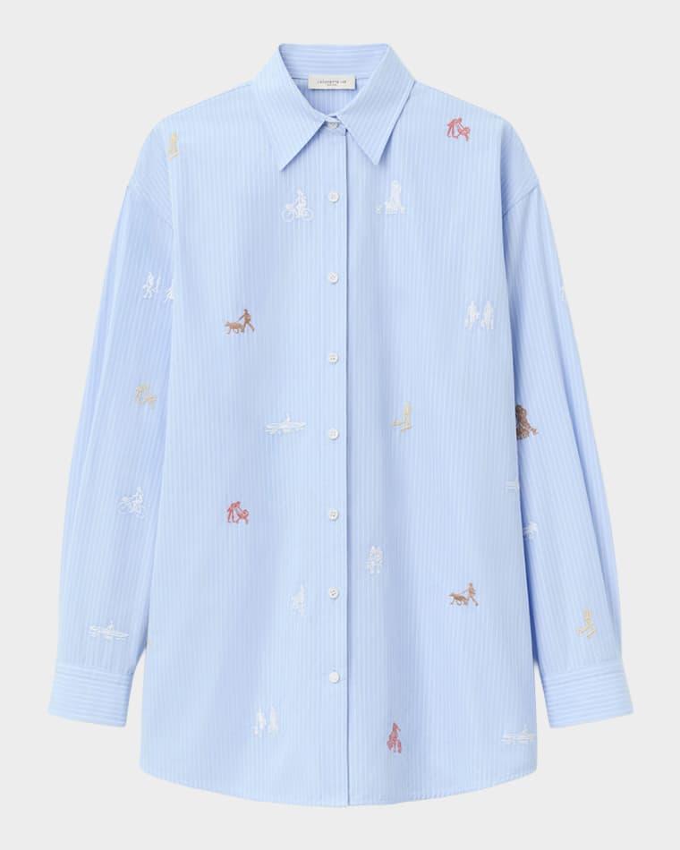 Embroidered Pinstripe Cotton Shirt by LAFAYETTE 148 NEW YORK
