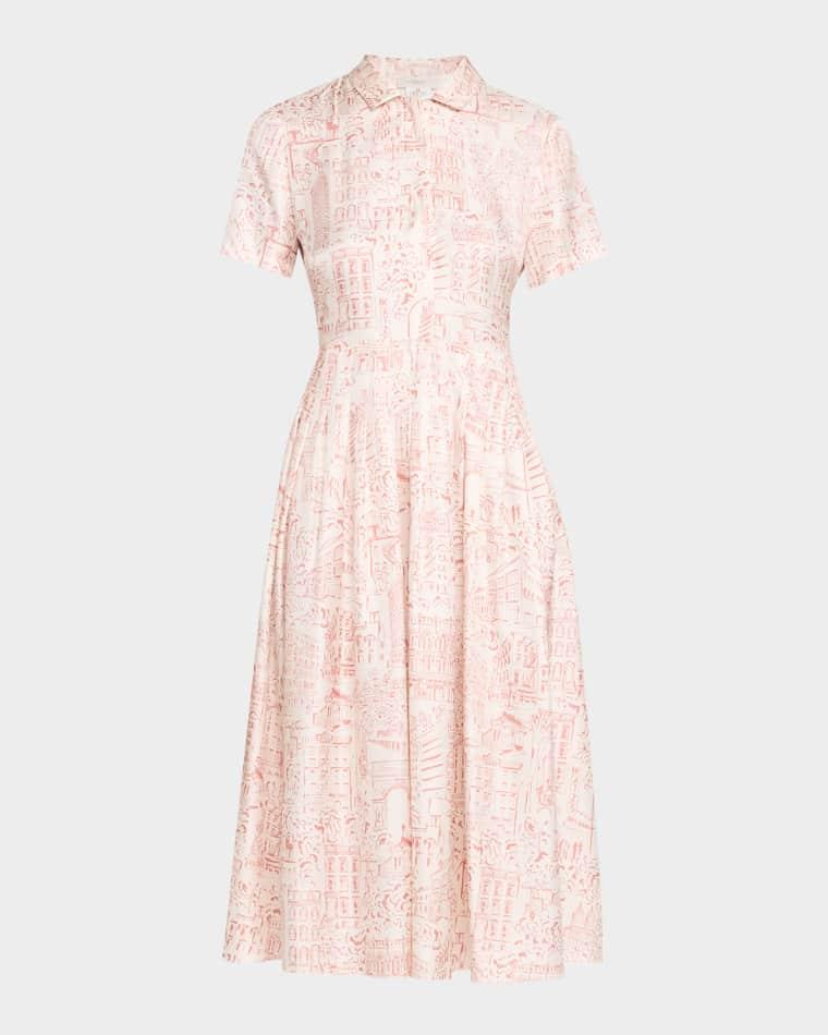 Pleated Landmarks-Print Silk Twill Midi Shirtdress by LAFAYETTE 148 NEW YORK